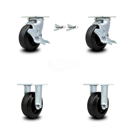 Service Caster 6 Inch Rubber on Steel Caster Set with 2 Brakes/Swivel Lock 2 Rigid SCC SCC-30CS620-RSR-TLB-BSL-2-R-2